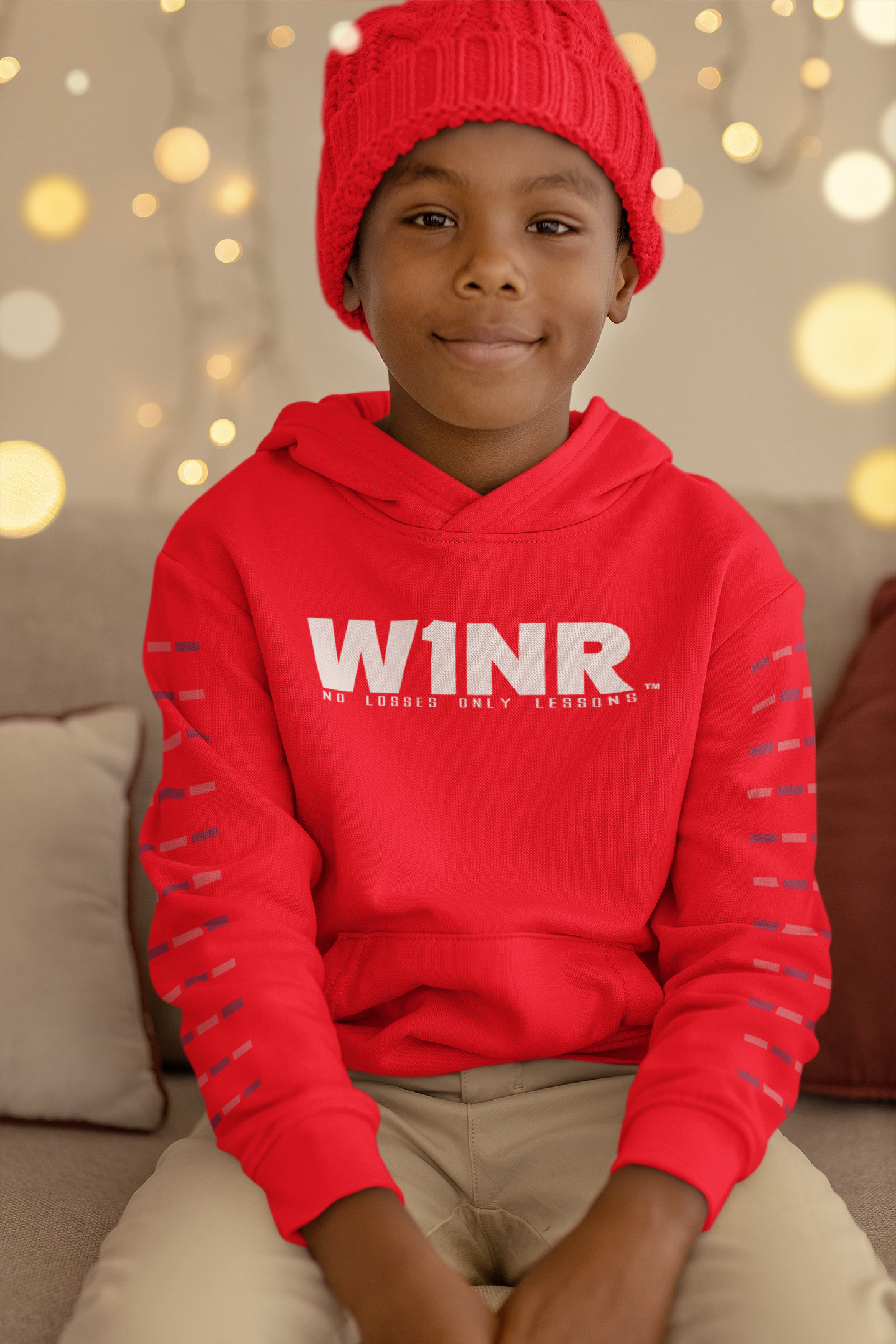 W1NR white on red kids fleece pullover hoodie